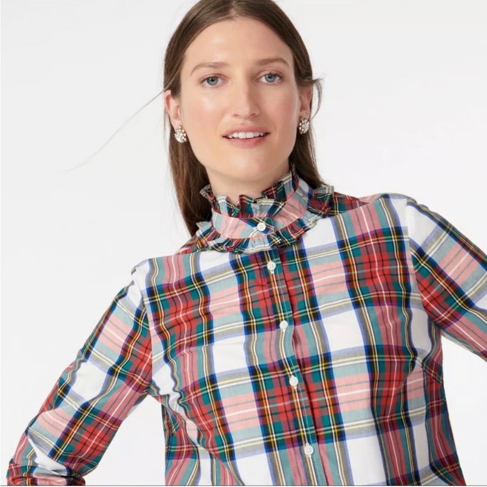 J Crew Ruffle neck classic-fit boy shirt in snowy Stewart tartan XXS - Picture 2 of 6